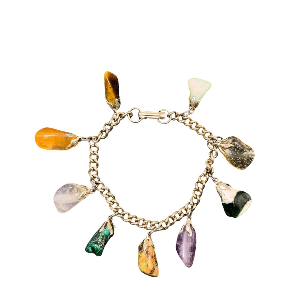Vintage Silver Multi Gemstone Charm Bracelet Tumbled Stone Boho Jewelry Opal